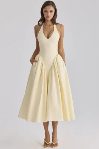 Marilyn Lemon Cotton Halter Neck Midi Sommerkjoler