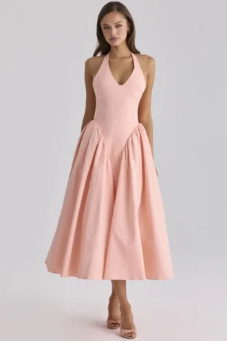 Marilyn Peach Cotton Halter Neck Midi Sommerkjoler