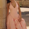 Marilyn Peach Cotton Halter Neck Midi Sommerkjoler