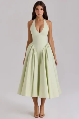 Marilyn Pistachio Cotton Halter Midi Sommerkjoler