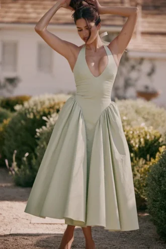 Marilyn Pistachio Cotton Halter Midi Sommerkjoler