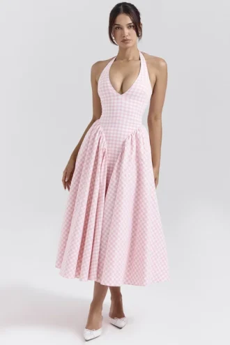 Marilyn Strawberry Shortcake Gingham Halter Midi Sommerkjoler