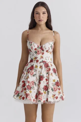 Minimoiselle italiensk roseprint-minikjole i tyll