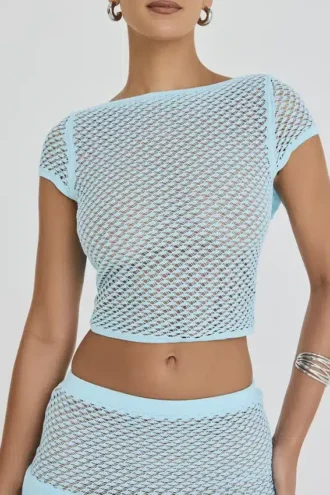 Mistress Rocks Seafoam Knit Open Back Ruffle Top – Salg