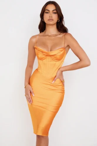 Myrna Tangerine Satin Korsetter Midi Kjoler