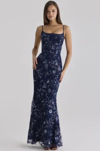Naima Navy håndbrodert korsetter-maxidress