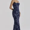 Naima Navy håndbrodert korsetter-maxidress