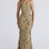 Naima Olive Bronze håndbrodert korsett-maxi-kjole – begrenset utgave