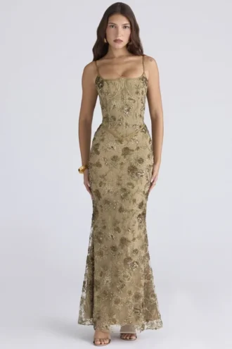 Naima Olive Bronze håndbrodert korsett-maxi-kjole – begrenset utgave