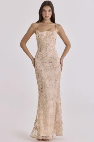 Naima Peach håndbrodert korsetter-maxidress – begrenset utgave
