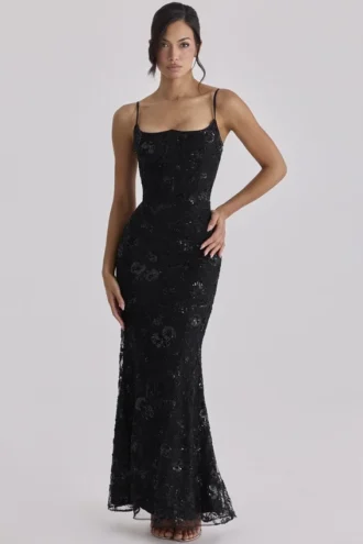 Naima svart håndbrodert korsett-maxidress – begrenset utgave