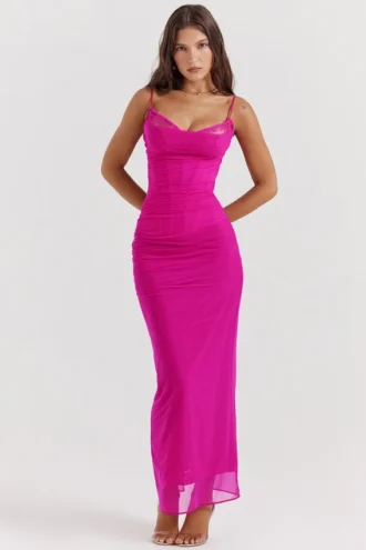 Nalini Fuchsia Stretch Mesh Maxi Kjoler