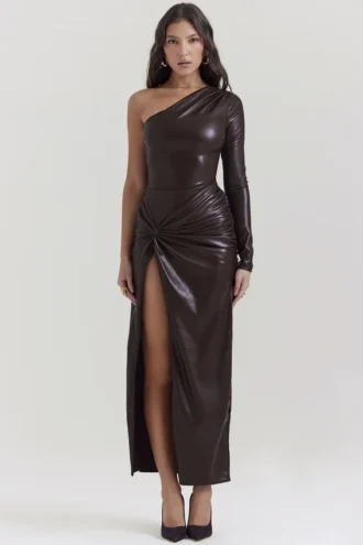 Octavia Cocoa vegansk skinn-maxi-kjole