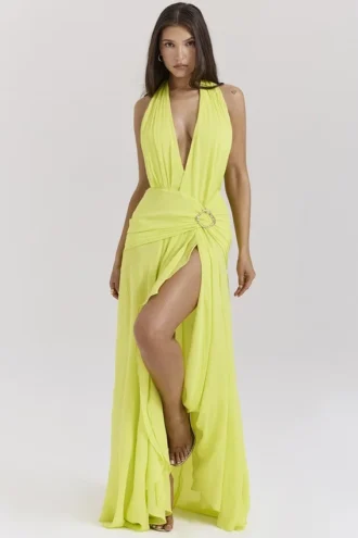 Olessia Acid Lime ryggløs halterneck-maxidress