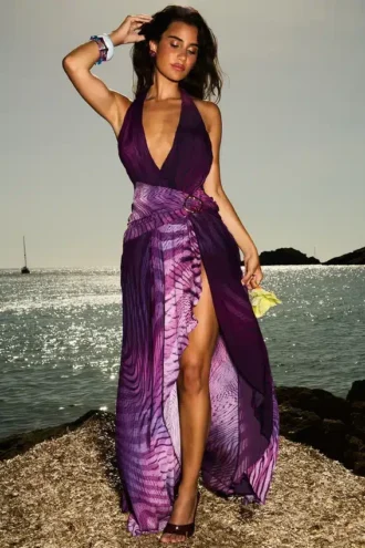 Olessia Orchid ryggløs halterneck-maxi-kjole