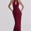 Oliviana vinrød sateng halterneck-maxidress