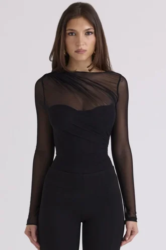 Orelia svart drapert mesh-bodys