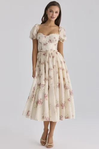 Penelope elfenbenfarget midikjole i chiffon med vintage rose-mønster