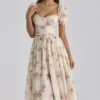 Penelope elfenbenfarget midikjole i chiffon med vintage rose-mønster