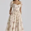 Penelope elfenbenfarget midikjole i chiffon med vintage rose-mønster
