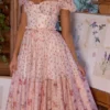 Penelope hvit roseprint georgette-midikjole med bånd
