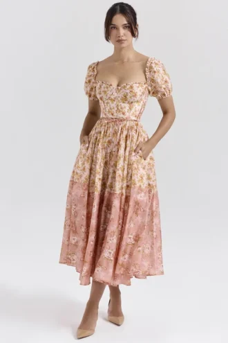 Penelope Peach Poppy Print Puff Sleeve Midi Sommerkjoler