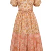 Penelope Peach Poppy Print Puff Sleeve Midi Sommerkjoler