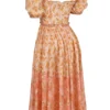 Penelope Peach Poppy Print Puff Sleeve Midi Sommerkjoler