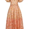 Penelope Peach Poppy Print Puff Sleeve Midi Sommerkjoler
