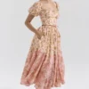 Penelope Peach Poppy Print Puff Sleeve Midi Sommerkjoler