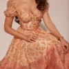 Penelope Peach Poppy Print Puff Sleeve Midi Sommerkjoler