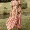 Penelope Peach Poppy Print Puff Sleeve Midi Sommerkjoler