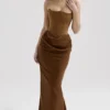 Persephone kaffefarget fløyelsstrapless korsetter-maxidress