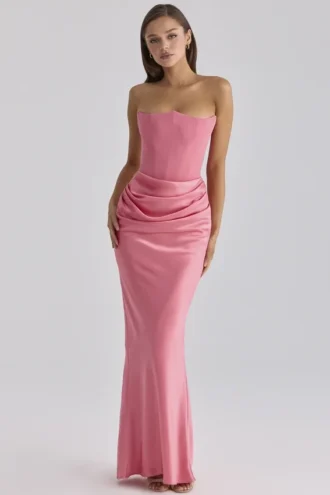 Persephone Raspberry Satin + Crepe Strapless Korsetter Maxi Kjoler