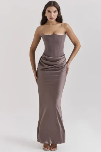 Persephone røykfarget stroppeløs korsetter-maxidress