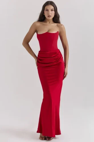 Persephone Scarlet stroppeløs korsetter-maxidress
