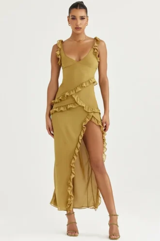 Pixie Olive Ruffle Maxi Kjoler