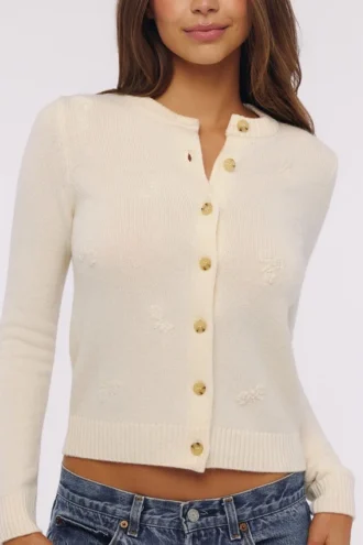 Poppie Ivory Cardigan i ull og kashmir med blomsterbroderi