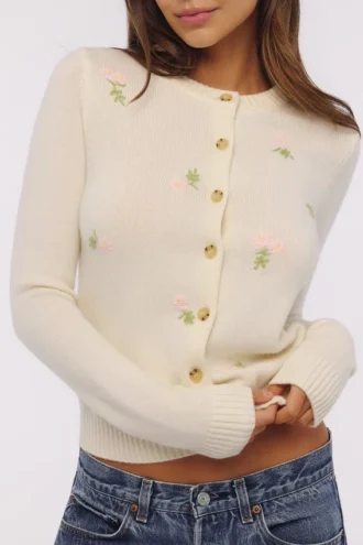 Poppie kremfarget ull + kashmir rosa blomsterbrodert Cardigan