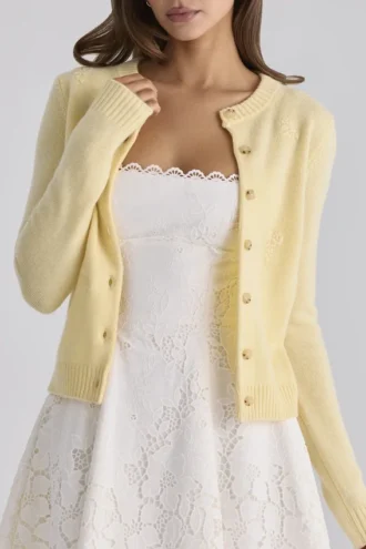 Poppie Lemon Cardigan i ull og kashmir med blomsterbroderi