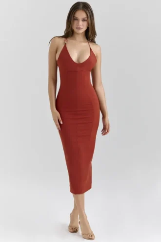 Ria Terracotta Stretch Cotton Fitted Midi Kjoler