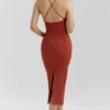 Ria Terracotta Stretch Cotton Fitted Midi Kjoler
