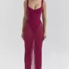 Robina vinrød stretch-maxi-kjole i mesh