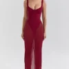 Robina vinrød stretch-maxi-kjole i mesh