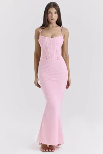 Romola rosa stretch-mesh-maxi-kjoler med sommerfugl