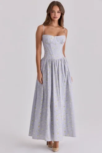 Rona blå maxi-kjolelengde i bomull med snøring og blomstertrykk
