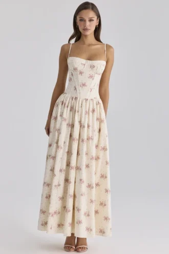Rona Ivory Vintage Rose Print Cotton Maxi Kjoler