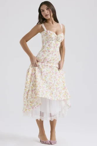 Rosalee Ivory Meadow Print Cotton Bustier Sommerkjoler