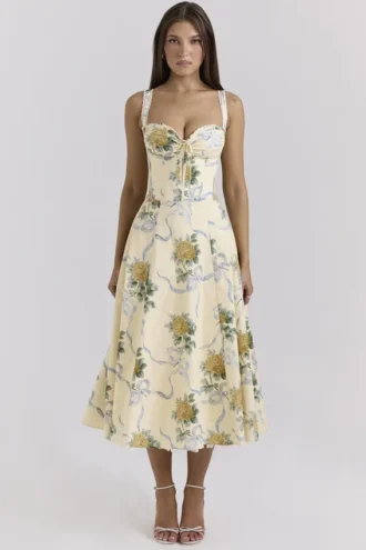 Rosalee Lemon Vintage Ribbon Print Cotton Midi Kjoler