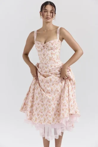 Rosalee Peach Poppy Print Cotton Bustier Sommerkjoler